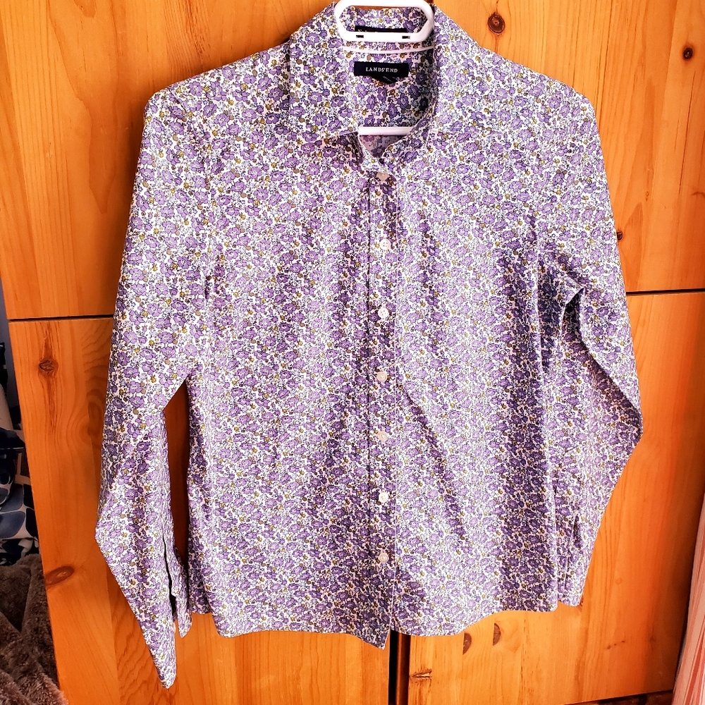 Lands' End Women's Purple Floral Oxford Shirt size 6P